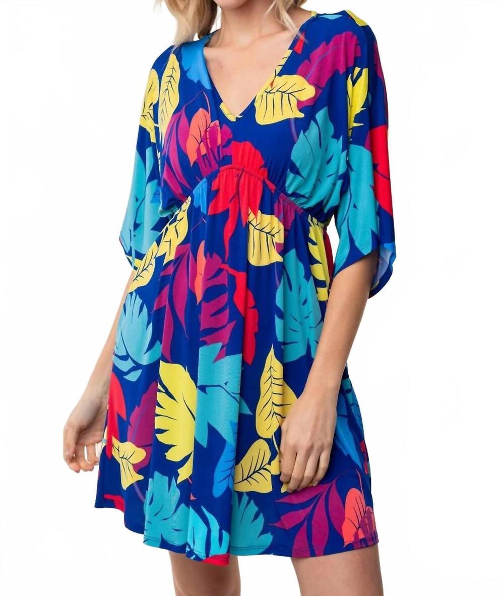 NEW WHITE BIRCH tropical leaf meadow midi dress in blue multi